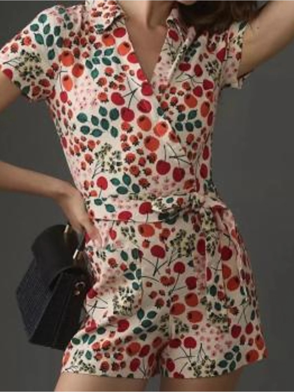 Anthropologie Maeve Cherry Print Romper Floral Fruit Linen Red Orange Green Pink